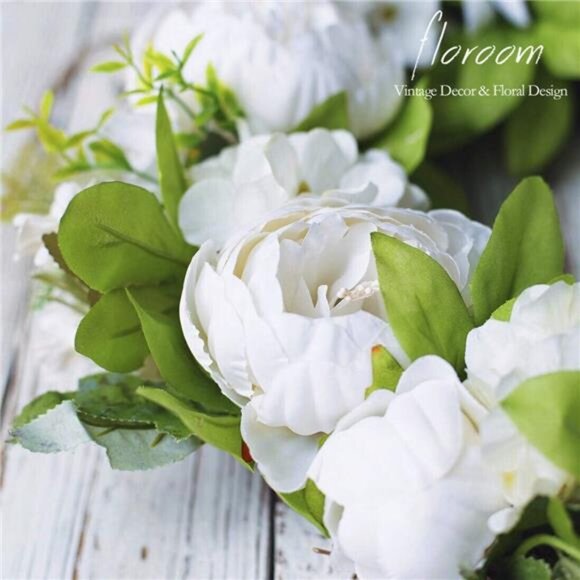 Floral Wreath,Door Wreath,Artificial White Peony Wreath for Front Door 15''-16'' - Picture 3 of 8